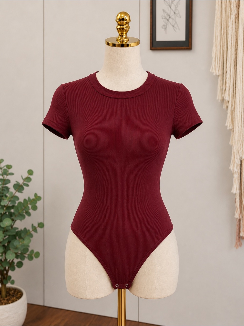 Burgundy Ribbed Crewneck Short Sleeve Bodysuit